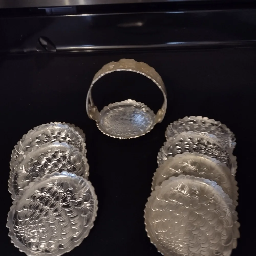 Vintage Brilliantone Silver Caddy & Coasters, Wildrose Design, Mid-Centu…